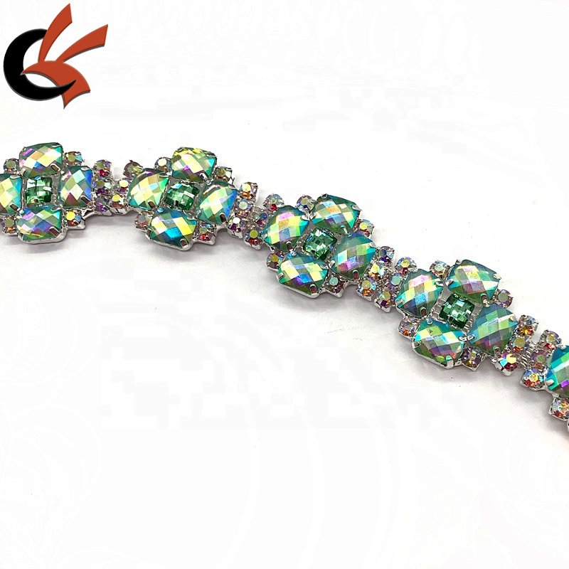 Unique light green AB crystal colors metal chain trimming for costume decoration