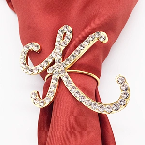Custom crystal metal gold initial napkin ring rhinestone letter napkin ring for wedding decoration