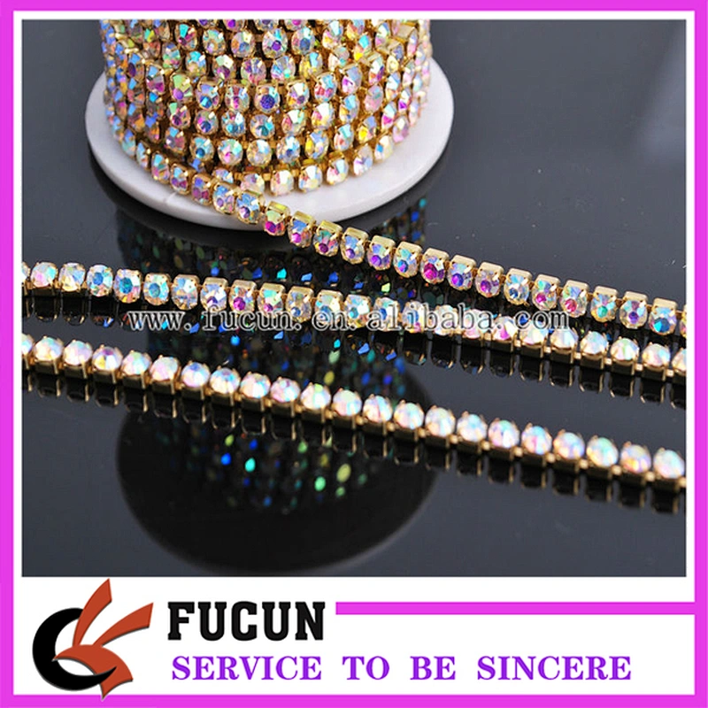 Wholesale wedding jewelry roll gold plated ab crystal close rhinestone cup chain Guangzhou factory