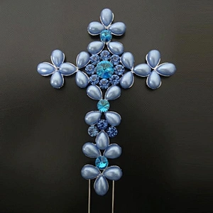 7'' blue Pearl Diamante Bling Religious Cross Cake Topper - Baptism / Christening