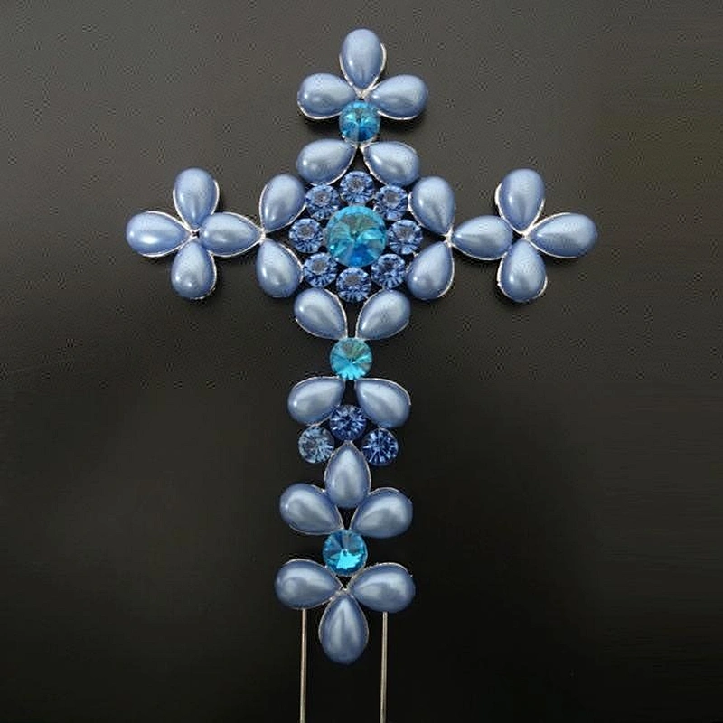 7'' blue Pearl Diamante Bling Religious Cross Cake Topper - Baptism / Christening