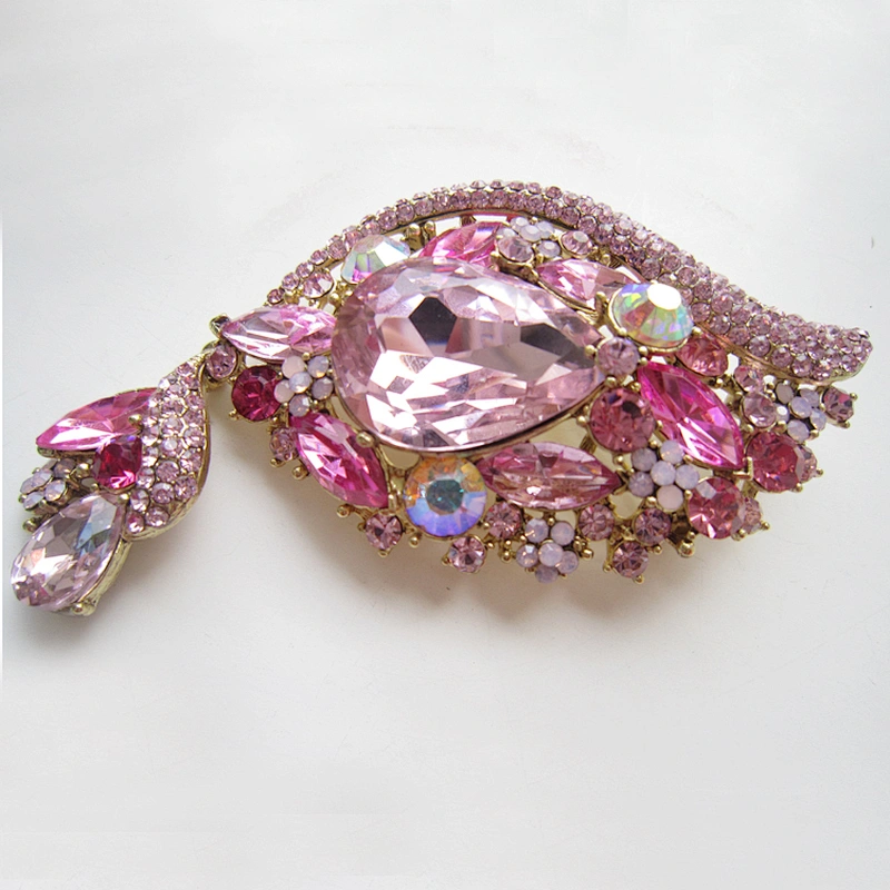 Latest design wholesale fancy pink large jewel brooch pin for dress decoration