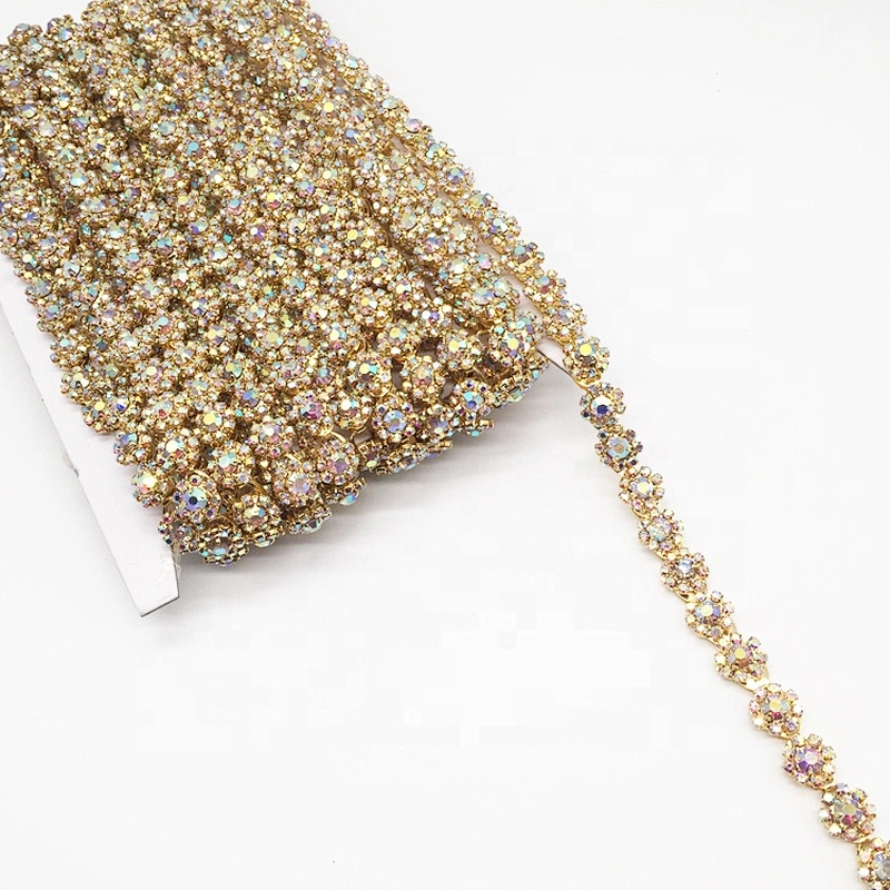 Sew On DIY Garment Accessories Gold Flower Lace Trim Wedding Rhinestone Trim