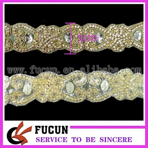 yellow plastic bead gold plating clear rhinestone applique sash for wedding dress