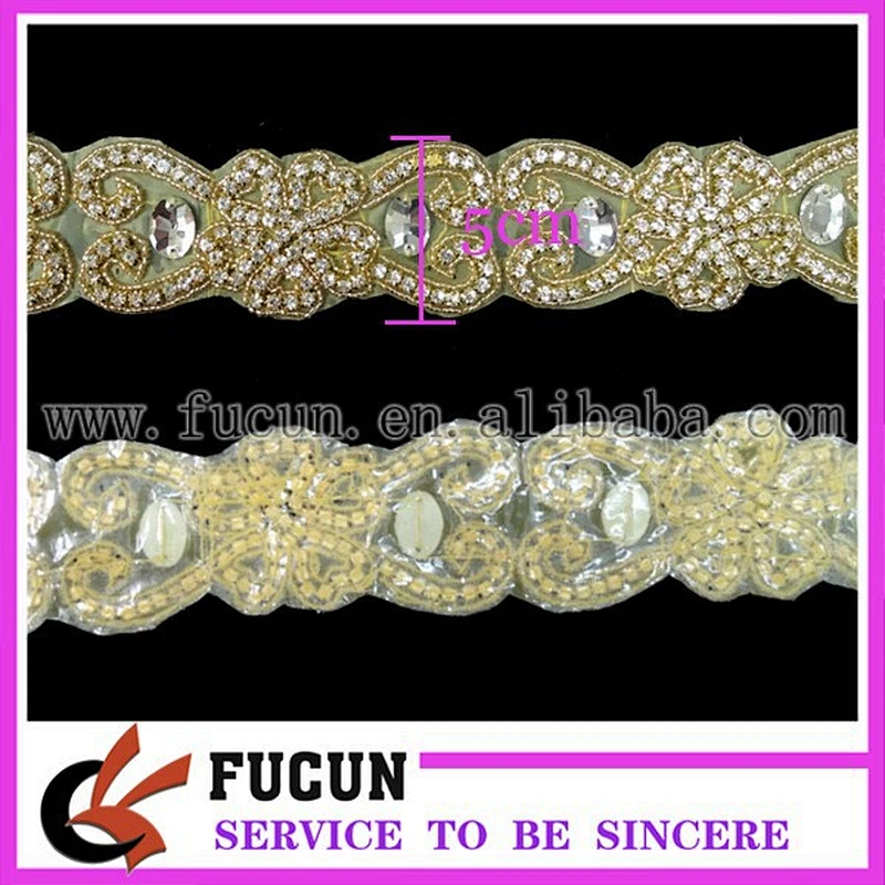 yellow plastic bead gold plating clear rhinestone applique sash for wedding dress