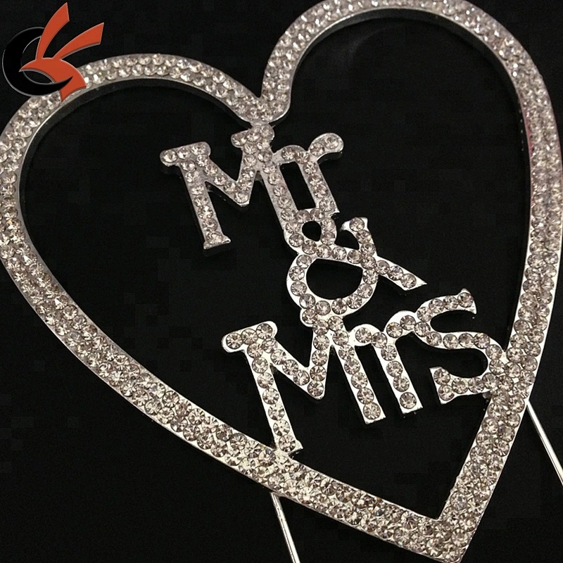 Hot Wedding Anniversary Decoration Rhinestone Silver Mr & Mrs in Heart Cake Topper