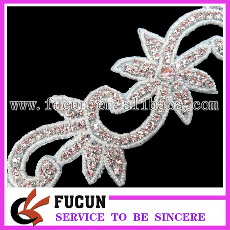 Hot sale latest pink rhinestone beads applique bridal trim for wedding dresses China manufacturer