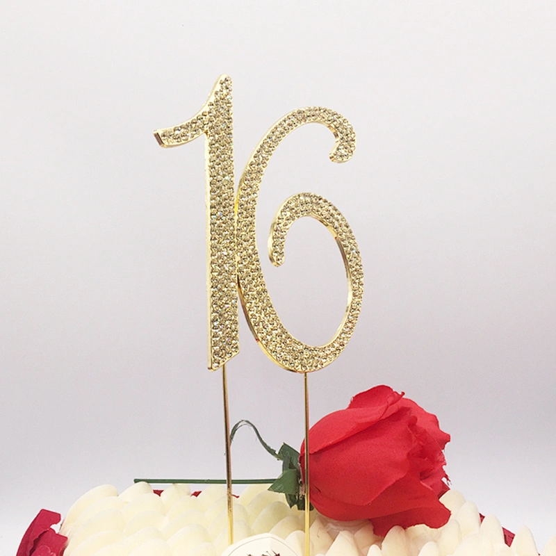 Favors Number 16 Gold Rhinestone Birthday Cake Topper Pick