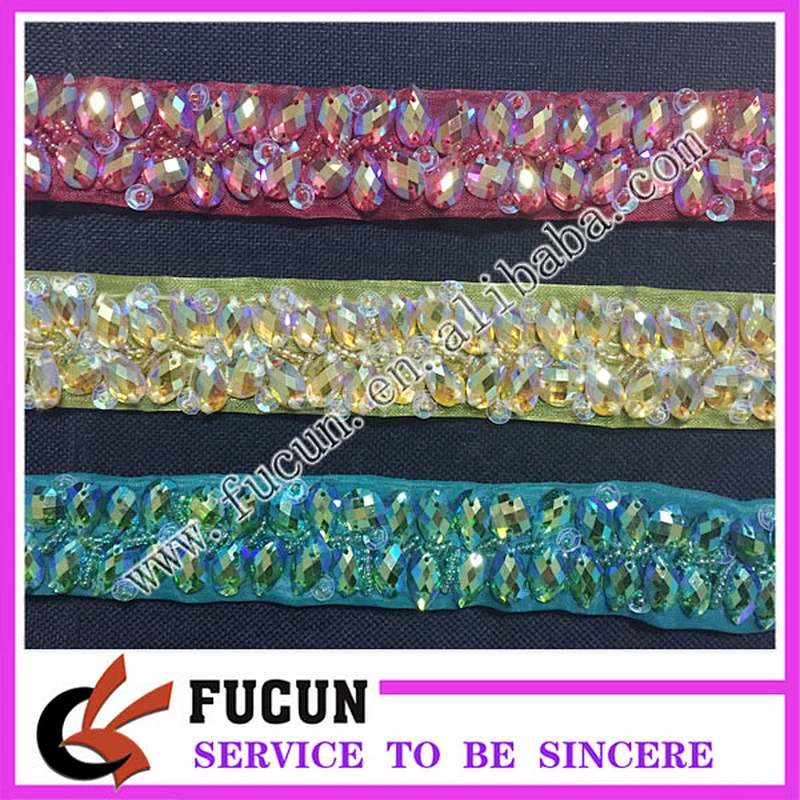 2017 Newly Design Fabric Resin Stone Lace Decorative Rhinestone Fabric Bridal Trimming Chain