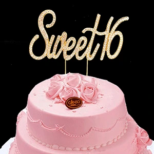 latest hot sale new product gold plating sweet 16 birthday decoration rhinestone cake topper
