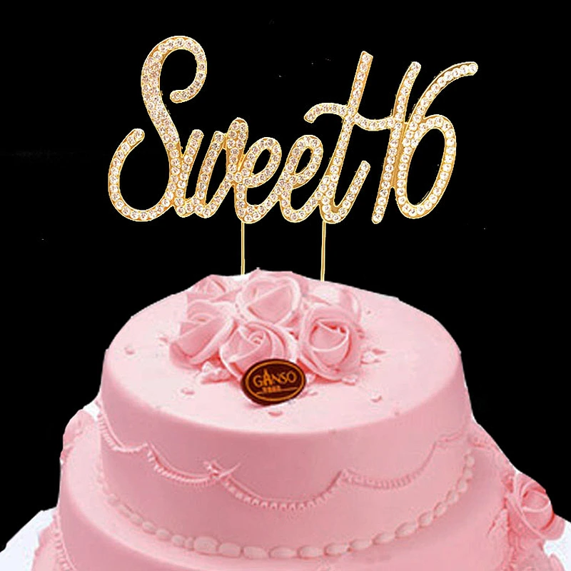 latest hot sale new product gold plating sweet 16 birthday decoration rhinestone cake topper