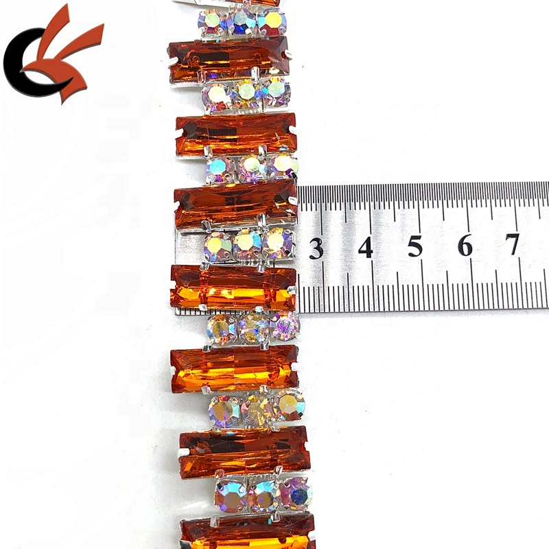 Costume Applique Orange crystal rhinestone golden Trimming chain