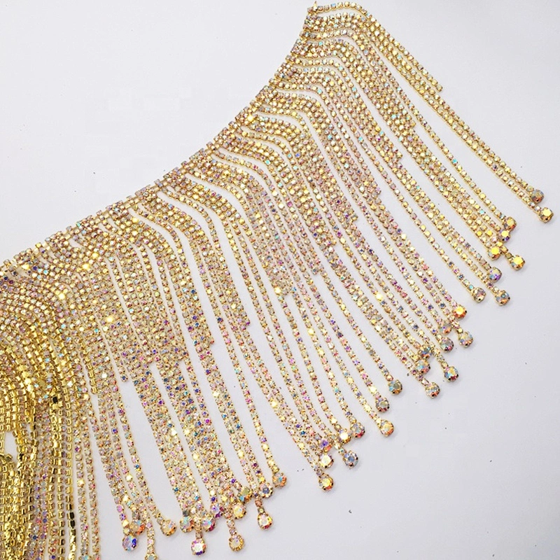 China factory fashion latin dance dress gold long pattern rhinestone pendant trims chain