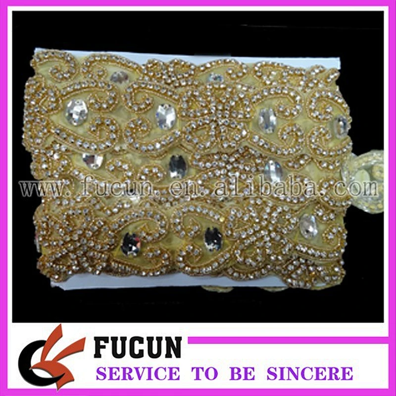 yellow plastic bead gold plating clear rhinestone applique sash for wedding dress