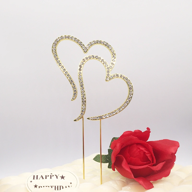 crystal rhinestone covered romantic double heart sweet wedding cake topper wholesale