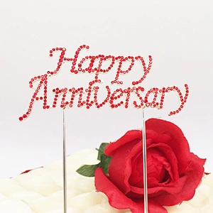Factory Party Decoration Red Rhinestone Material Happy Anniversary Cake Topper