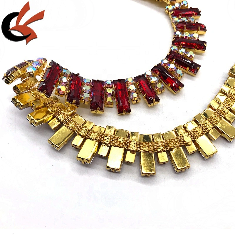 Costume Applique Red crystal rhinestone golden Trimming chain