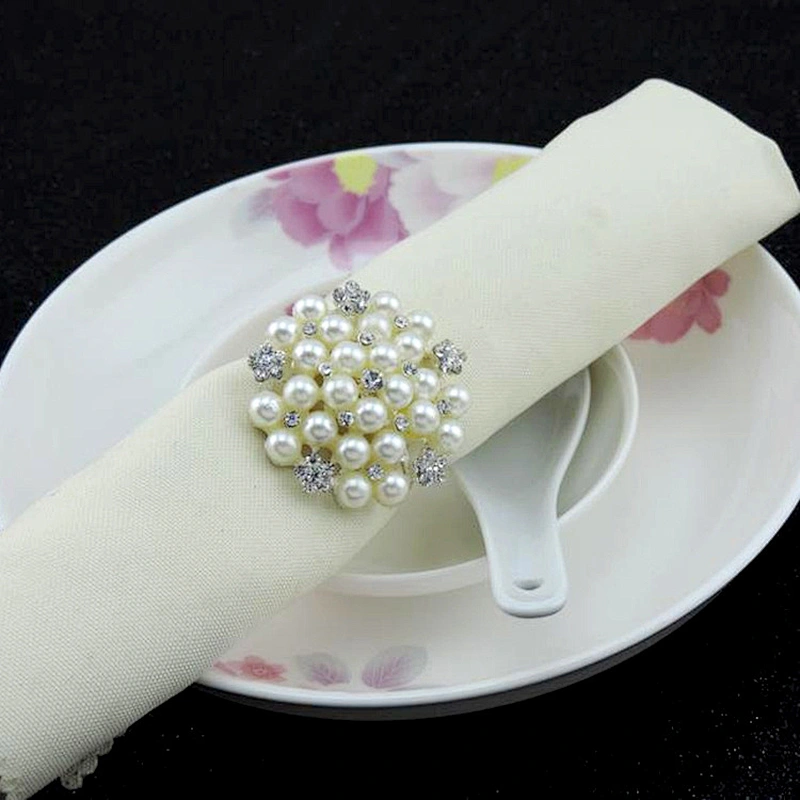 Hot selling handmade reusable rhinestone flower pearl beaded napkin ring for weddings