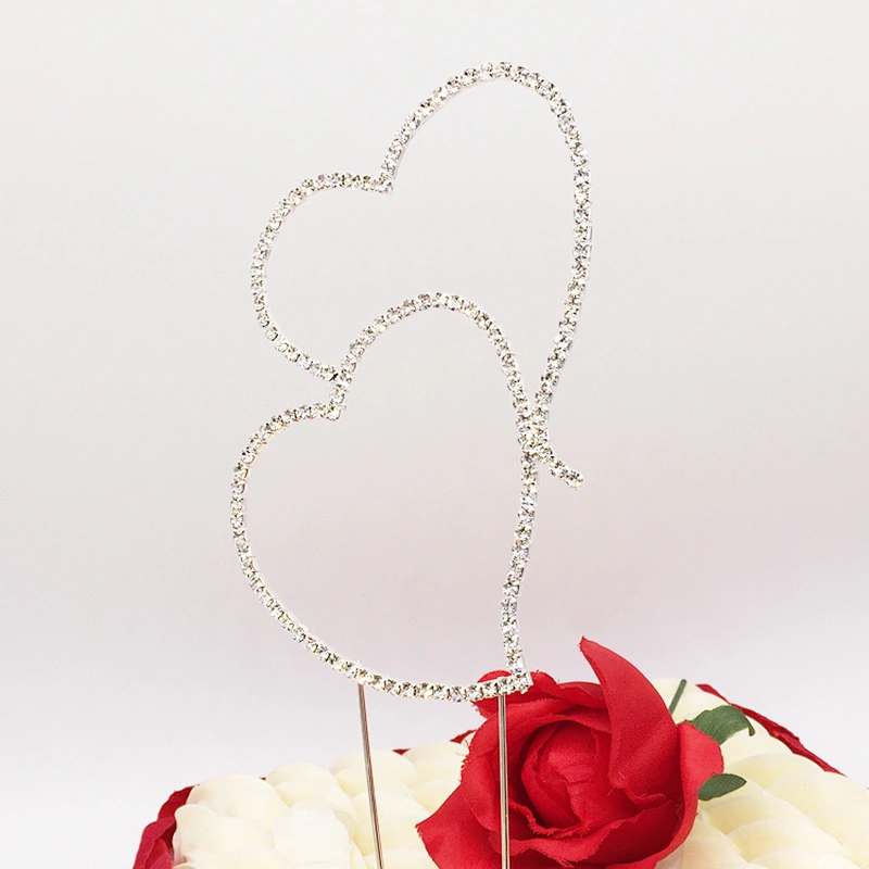 Delicate Two Double Hearts Decoration Wedding Engagement Rhinestone Crystal Cake Toppers