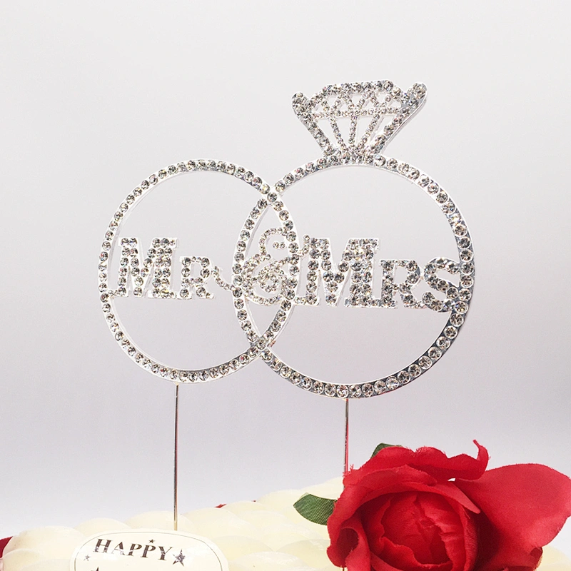 Custom wedding party cake decoration funny rhinestone wedding ring Mr & Mrs cake topper