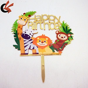 2019 New Arrival Mirror Gold Happy Birthday forest animal Acrylic Cake Topper