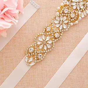 Sparkle gold Crystal Rhinestone Applique with Pearls for Bridal Belt Wedding Dress Garters Headpieces