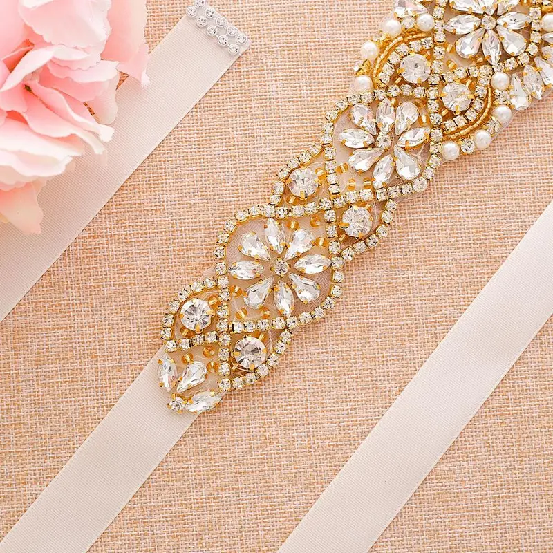 Sparkle gold Crystal Rhinestone Applique with Pearls for Bridal Belt Wedding Dress Garters Headpieces