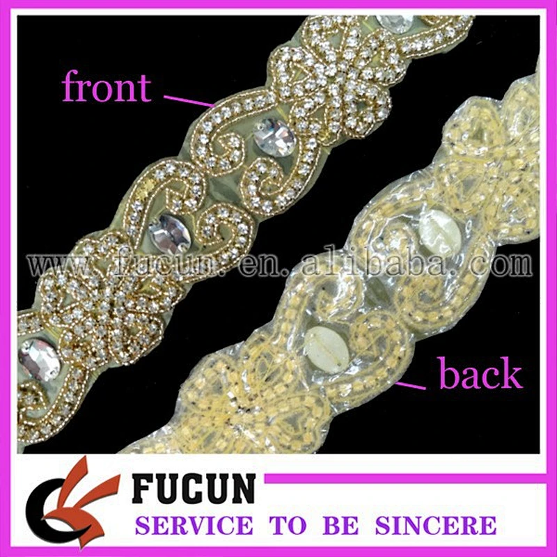yellow plastic bead gold plating clear rhinestone applique sash for wedding dress