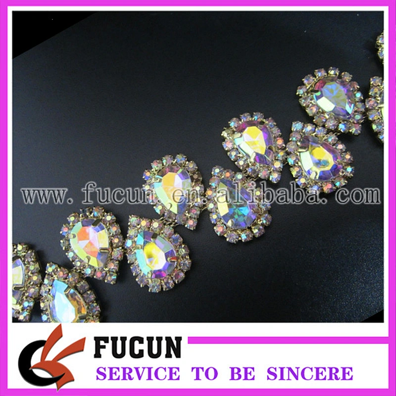 Bridal Show Costume Applique AB Clear Glass Rhinestone GOLD Chain Trim