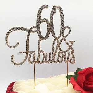 Large Sparkling gold Rhinestone 60 and Fabulous birthday cake topper Happy Birthday Cake Topper for party decorations