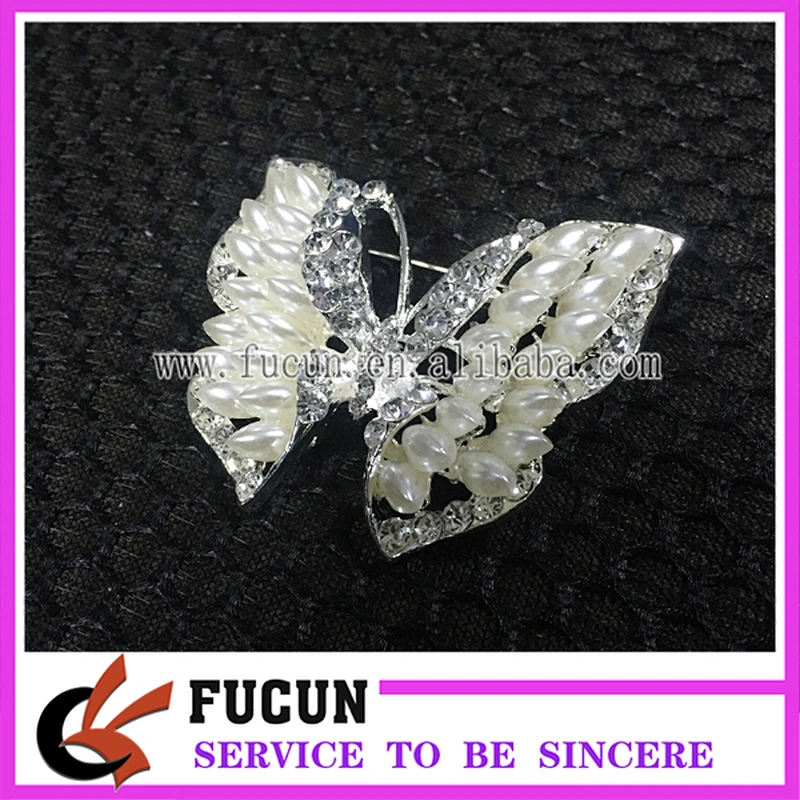 Wholesale Cheap Jeweled Ivory White Pearl Crystal Butterfly Wing Brooches