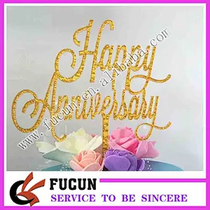 Cheap Laser cutting Golden Happy anniversary acrylic cake topper wholesale