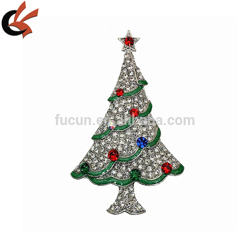 Vintage Gold silver green Enamel & Rhinestone Christmas Tree Brooch Pin
