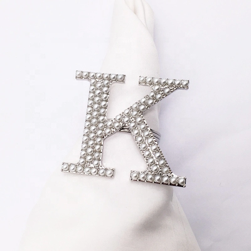 2020 New Custom Fashion Alloy Metal Type Initial Letter K Pearl Rhinestone Stock Napkin Ring