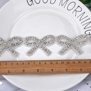 iron on silver beaded bowknot crystal rhinestone hotfix trim applique for bridal dress motif