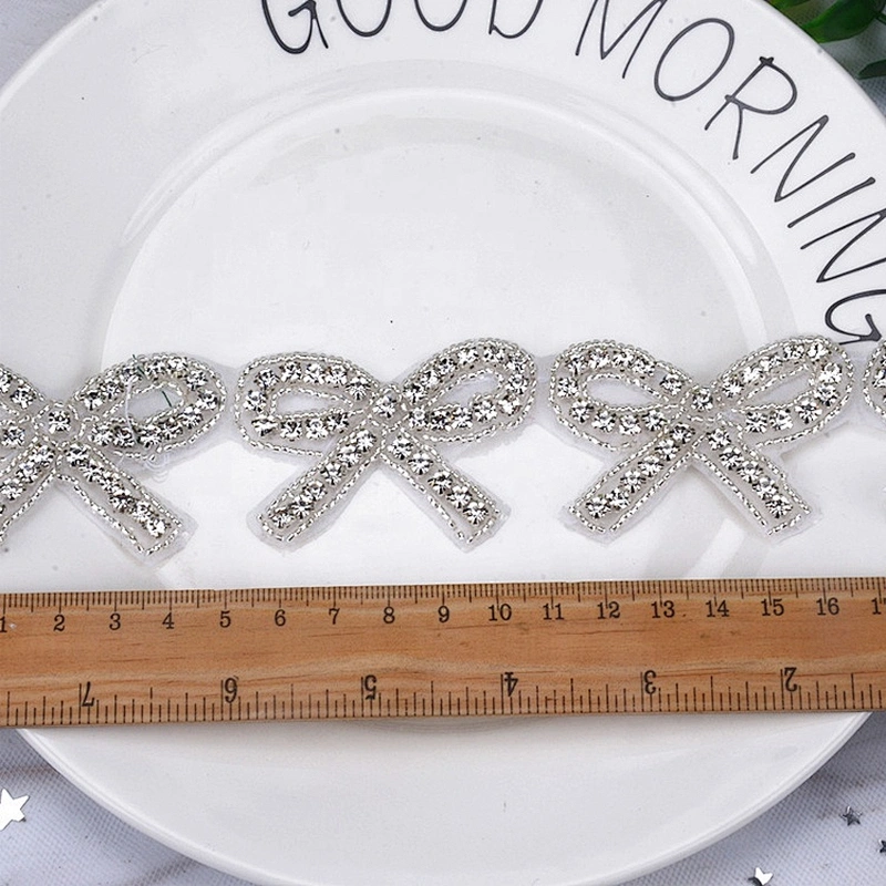 iron on silver beaded bowknot crystal rhinestone hotfix trim applique for bridal dress motif