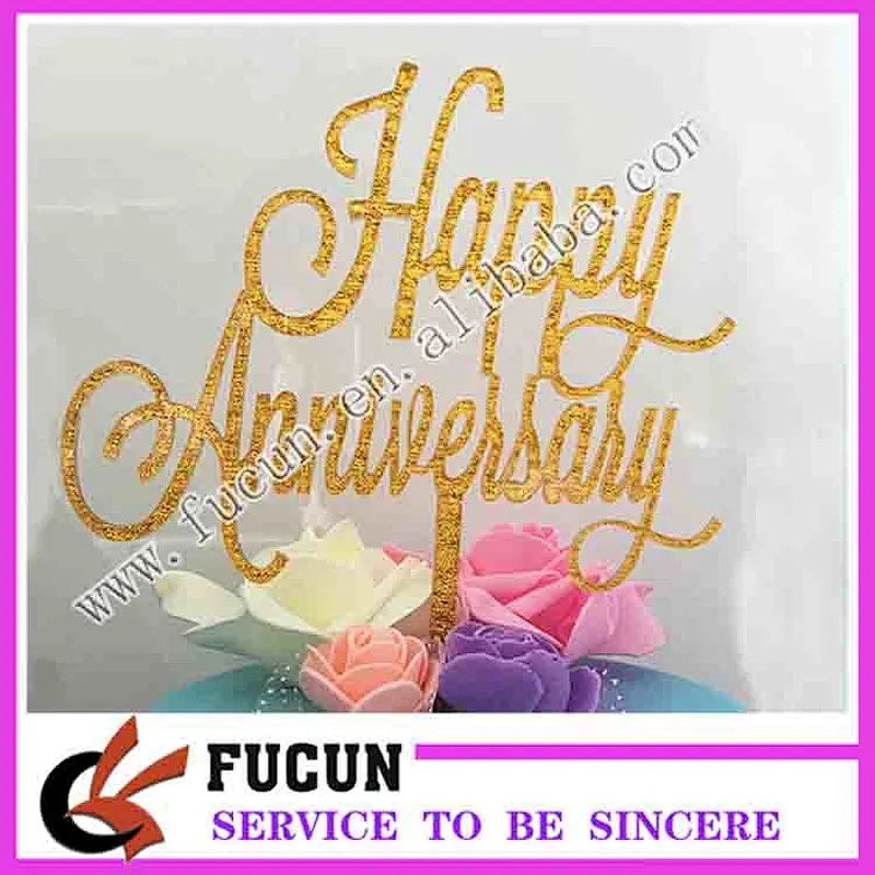 Cheap Laser cutting Golden Happy anniversary acrylic cake topper wholesale