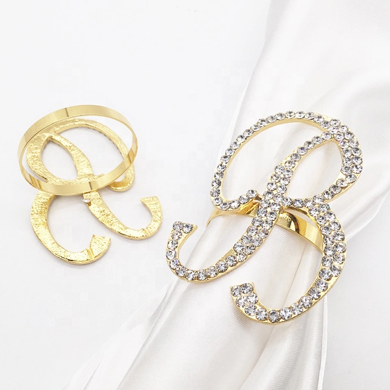 Metal crystal napkin rings gold plated alphabet rhinestone napkin ring for customs
