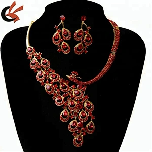 China style Red rhinestone gold plating peacock Jewelry Set Necklace Earrings Set