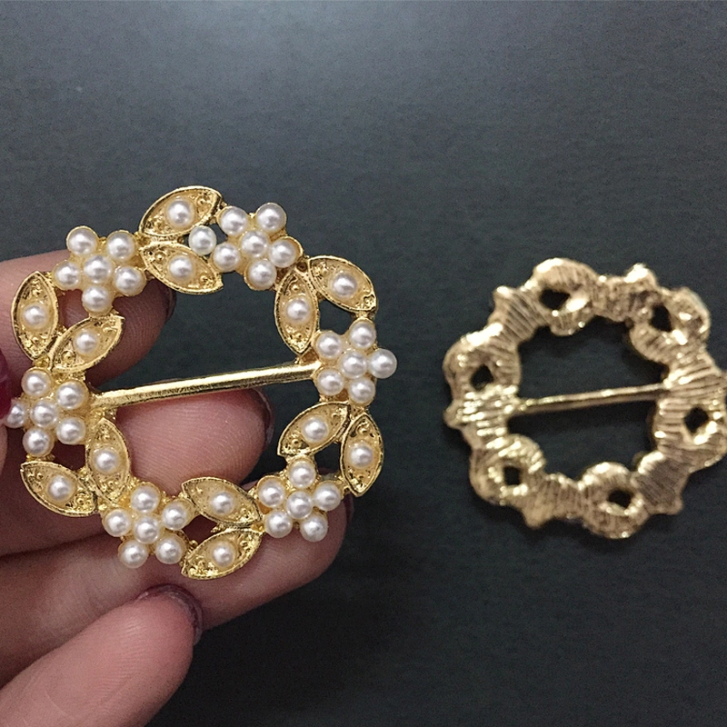 gold plating pearl flower round sash slider metal buckle for wedding party decoration