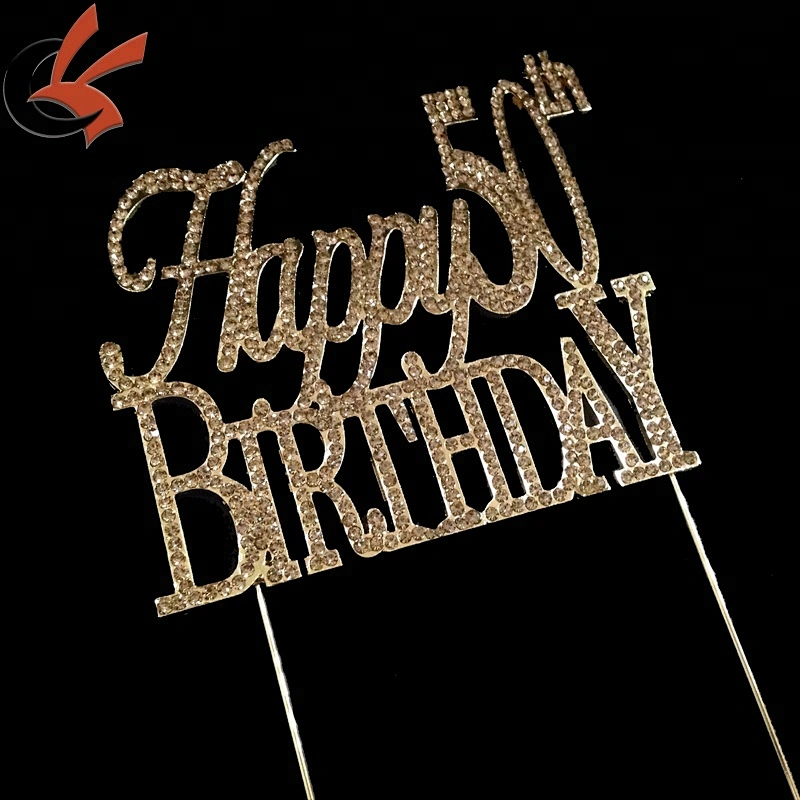 Large Sparkling gold Rhinestone 50th Happy Birthday Cake Topper