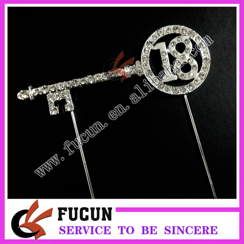 New birthday party decoration Silver Key shape number 18 rhinestone cake topper