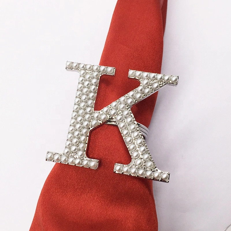 2020 New Custom Fashion Alloy Metal Type Initial Letter K Pearl Rhinestone Stock Napkin Ring