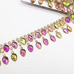 Sew on water drop resin rhinestone pendant chain trimming for bridal dress clothing garment