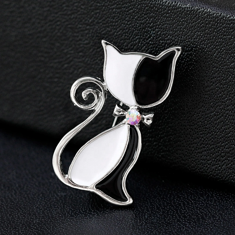 gold tone animal AB clear white and red enamel cat brooch pin