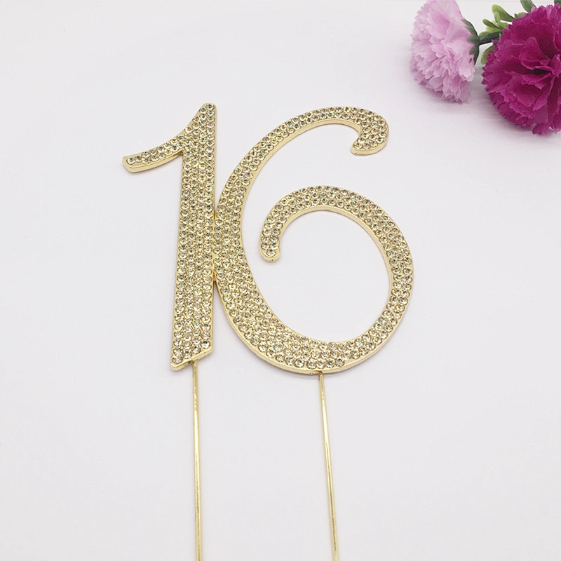 Favors Number 16 Gold Rhinestone Birthday Cake Topper Pick