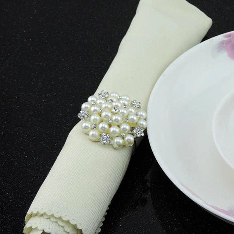 Hot selling handmade reusable rhinestone flower pearl beaded napkin ring for weddings