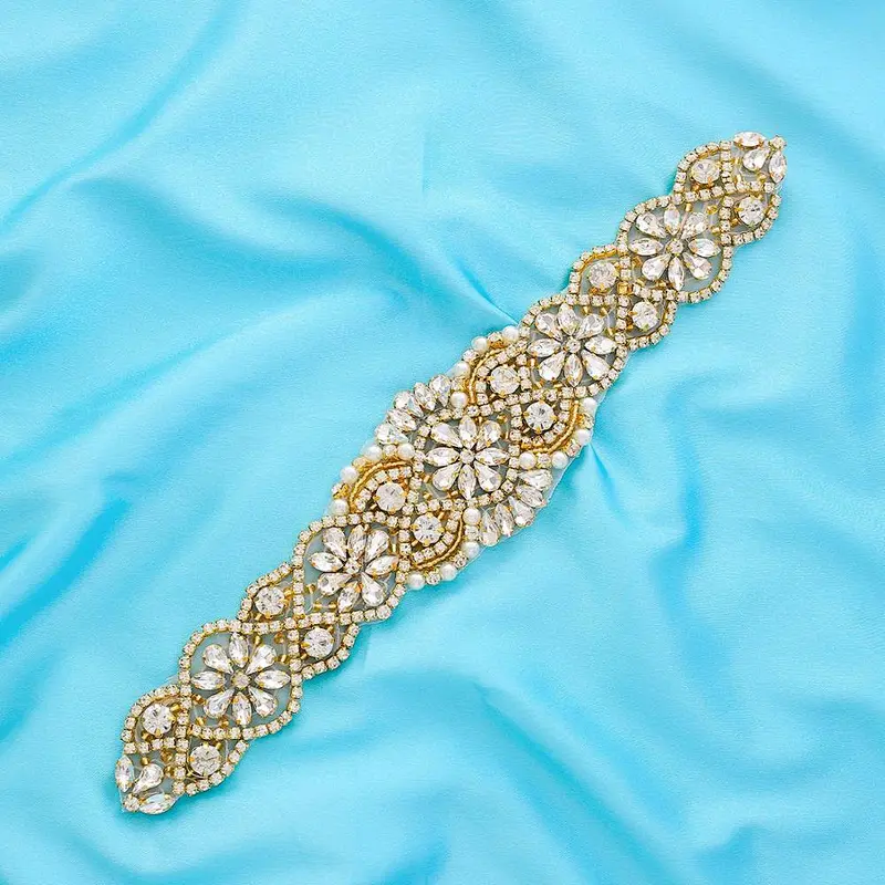 Sparkle gold Crystal Rhinestone Applique with Pearls for Bridal Belt Wedding Dress Garters Headpieces