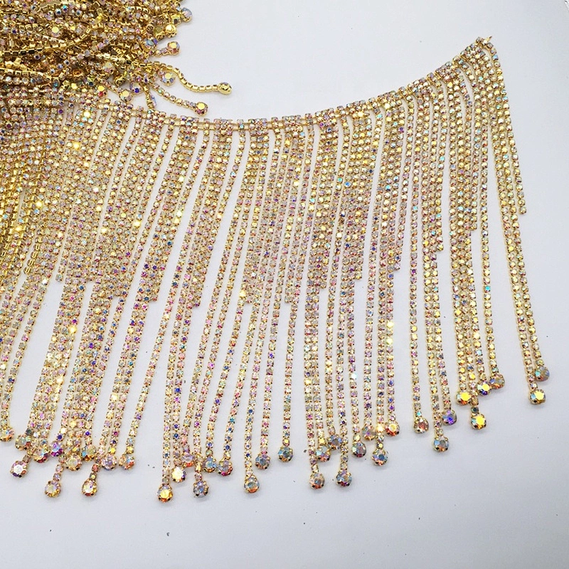 China factory fashion latin dance dress gold long pattern rhinestone pendant trims chain