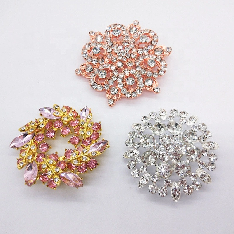 Big Rose Gold Crystal Rhinestone Flower Brooch Pin